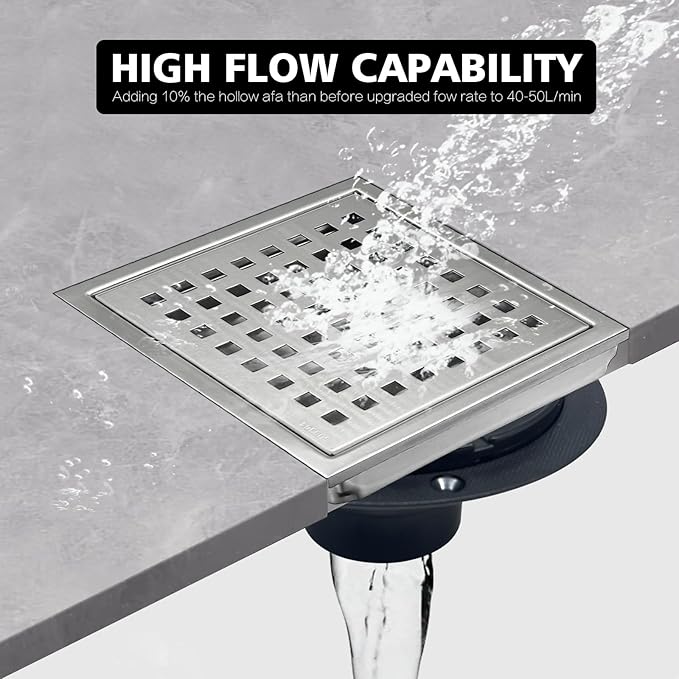 4 Inch Square Shower Drain with Flange, Removeable Grate SUS 304 Stainless Steel Shower Drain with Hair Catcher (Brushed Nickel, 4 Inch)