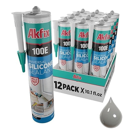 Akfix 100E RTV Gray Silicone Caulk (12x10.1 fl.oz.) - 100% Waterproof Silicone Sealant for Kitchen and Bathroom, Shower, Bathtub, Toilet, Sink, Window and Door, No Discoloring | Grey, 12 Pack