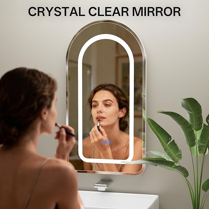 LED Arched Bathroom Medicine Cabinet with Mirror, No Assembly Needed, Recessed or Surface Mount Wall Storage Cabinet, Mirror Cabinet with Tissue Slot (Bevel-LED, 29.5" L x 15.7" W)