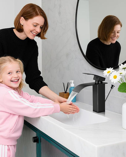 Bathroom Faucets with Lift Rod Drain Mater Black Waterfall Bathroom Sink Faucet Modern Single Handle Bathroom Faucet for 1 or 3 Hole Mxier Tap Washbasin Faucet with Deck