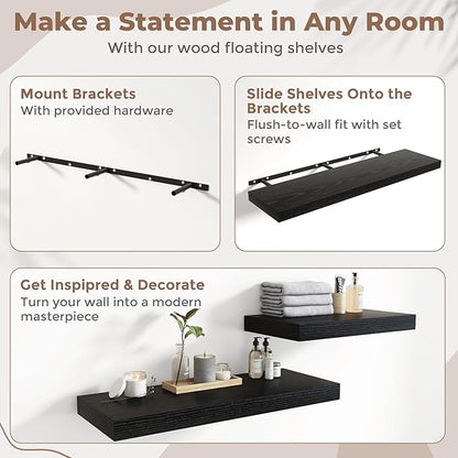55 Inch Long Floating Shelves for Wall Set of 2, 12"D Wood Grain Bathroom Shelves with Invisible Brackets, Easy Install Engineered Wood Storage Shelves for Kitchen, Living Room, Bedroom, Black Finish