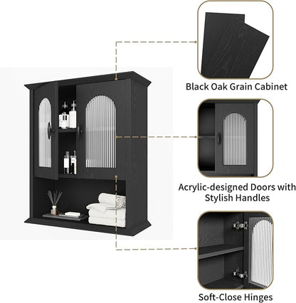 CJL Bathroom Wall Cabinet with Fluted Door, 18.9'' x 23.6'' Medicine Cabinet, Over The Toilet Storage Cabinet, Black