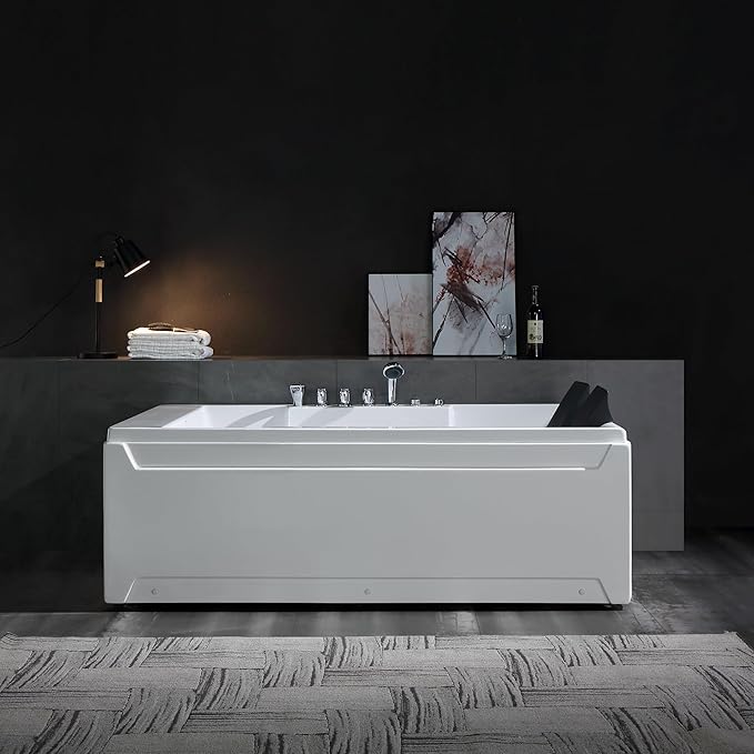 Empava 1125W Whirlpool Tub,72" x 48" Jetted Bathtub for 2 Person, Hydro Massage & Chromatherapy,ETL Certified,3 Sided Apron,Acrylic ,110 Gallons,Left Drain