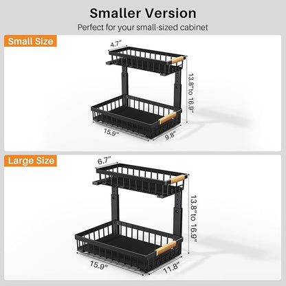 PXRACK 2 Pack Under Sink Organizer,Adjustable Height,2 Tier Pull Out Under Cabinet Organizer,Slide Out Thickened Metal Under Sink Storage for Kitchen Bathroom Laundry Cabinet Pantry,Black(S)