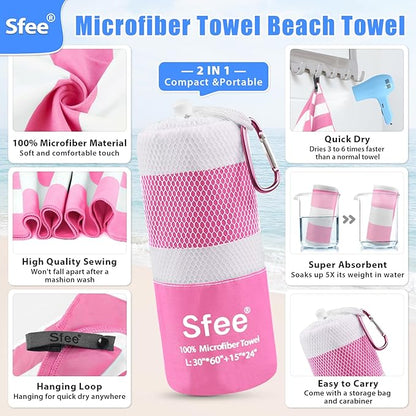 Sfee 2 in 1 Microfiber Beach Towel, Quick Dry Towel Camping Towel Travel Towel Super Absorbent Compact Lightweight Sports Gym Towels Set for Beach, Gym, Hiking, Pool, Backpacking, Bath, Yoga