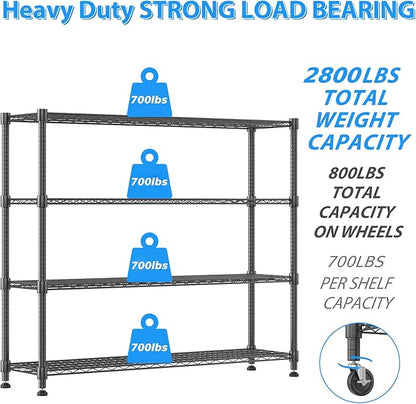 Homdox Heavy Duty Metal Shelves for Storage, 4 Tier Storage Racks and Shelving, Commercial Adjustable Wire Shelving Unit on Wheels, Garage Rack Pantry Shelves Kitchen Shelving, 18"x60"x72", Black