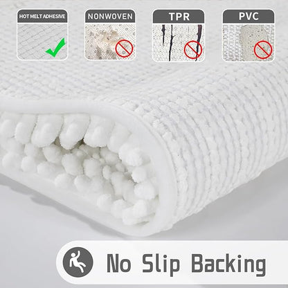 Yimobra Bathroom Rugs Non Slip Washable - Ultra Soft Absorbent Chenille Bath Mat, Quick Dry Shaggy Floor Carpet for Tub Shower, White Home Decor Accessories, 24x17 Inch