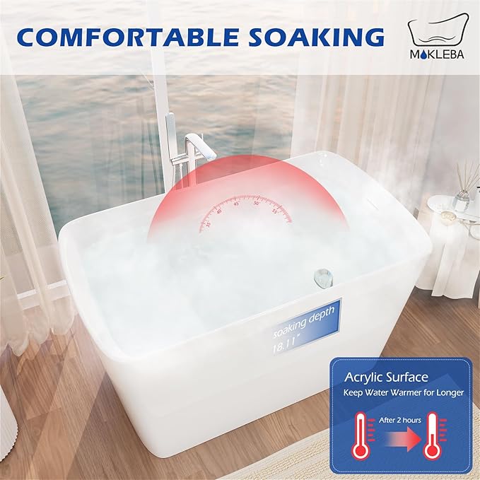 47" Lucite Acrylic Freestanding Bathtub，Square Shape Janpanese Soaking Tub with Seat Desgin,Toe-tap Chrome Right Drain, Slotted Overflow, cUPC Certified,Glossy White