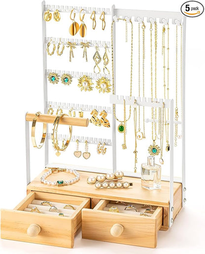 DreamGenius Jewelry Organizer Stand with 2 Velvet Ring Holder Drawers, 5 Tier Jewelry Holder Organizer with 11 Hooks for Necklaces and 145 Holes for Earrings, White