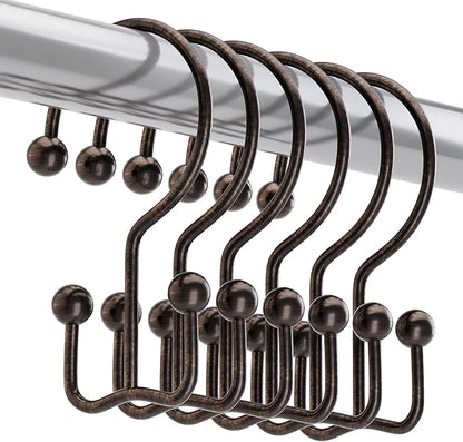 Titanker Shower Curtain Hooks Bronze, Minimalist Simple Double Glide Shower Curtain Rings, Rust Proof Metal Shower Hooks Rings for Bathroom Shower Rods Curtains, Set of 12 Hooks