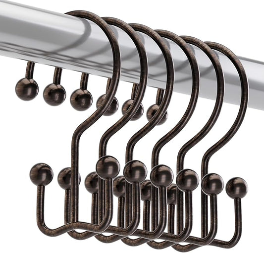 Titanker Shower Curtain Hooks Bronze, Minimalist Simple Double Glide Shower Curtain Rings, Rust Proof Metal Shower Hooks Rings for Bathroom Shower Rods Curtains, Set of 12 Hooks