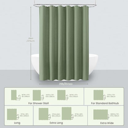 Inhousolu Fabric Shower Curtain Waffle Weave, Sage Green 230 GSM Heavy Duty, Weighted Hem, 14 Metal Hooks, Water Repellent, Machine Washable, Hotel Spa Luxury Bath Curtain Set, 72 x 84 Inch