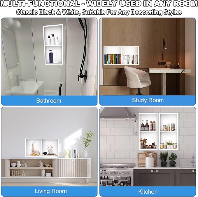 304 Stainless Steel Shower Niche Insert-Glossy White 24 x 12" No Tile Needed Bathroom Niche for Shower Wall-Double Shelves Built in Shower Shelf-Waterproof Recessed Cabinet for Bathroom Living Room