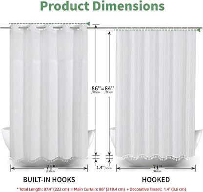 No Hook Extra Long Shower Curtain Set with Snap-in Liner,Linen Textured Thick Striped Fabric with Tassels,Boho Chic Modern Farmhouse Bathroom Curtain,Water-Repellent,White,71x86