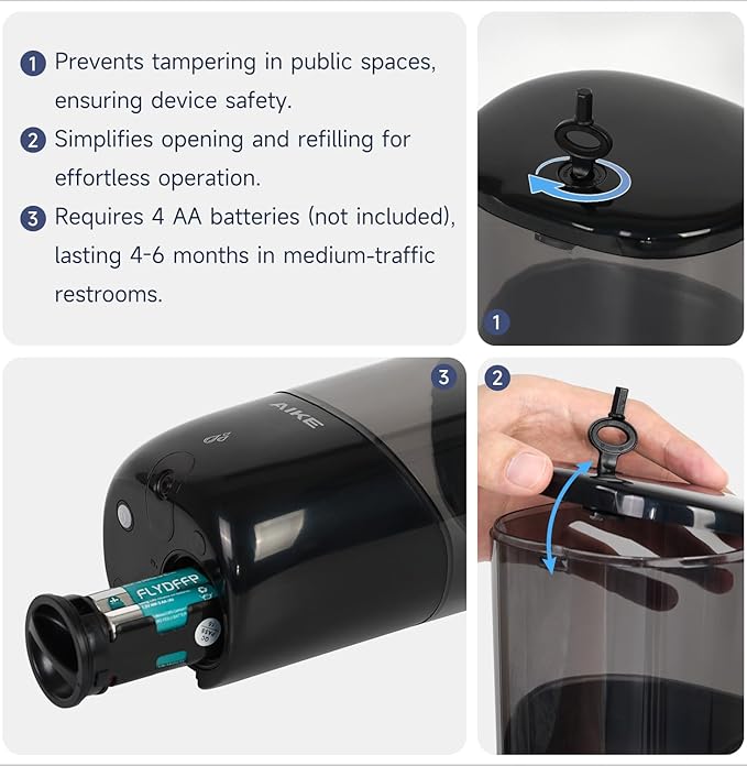 AIKE Wall Mount Automatic Soap Dispenser for Liquid Soap Battery Operated Black, Model AK1216