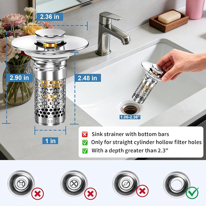 Bathroom Sink Stopper, Pop-up Bathroom Sink Drain Strainer Stopper with Removable Stainless Steel Strainer Filter Basket Hair Catcher, Sink Drain Stopper for Bathroom Sink Stopper Replacement (2PCS)