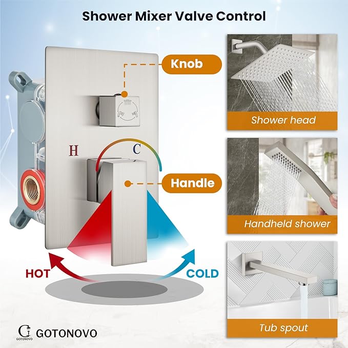 gotonovo Shower System with Tub Spout Wall Mounted Rain Shower Head and Handle Combo Shower Faucet Set with Valve, 8 Inch, Brushed Nickel