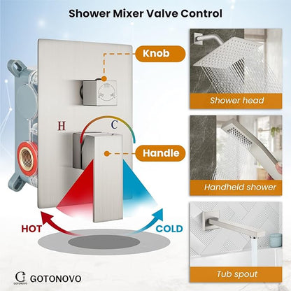 gotonovo Shower System with Tub Spout Wall Mounted Rain Shower Head and Handle Combo Shower Faucet Set with Valve, 8 Inch, Brushed Nickel