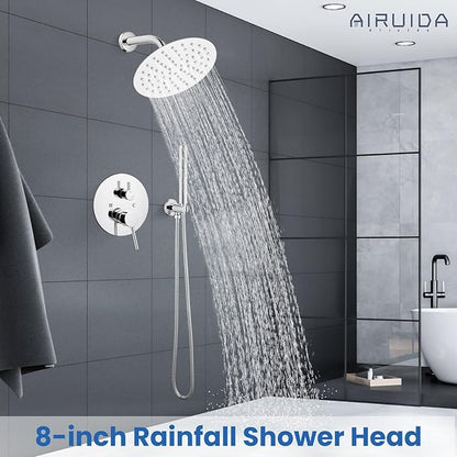 Airuida Shower Fixtures 2 Functions Shower Faucet Set Wall Mounted for Bathroom High Pressure Brass Handheld Shower with Rough-in Valve Round Rainfall 8 Inch Shower Head Chrome Polish