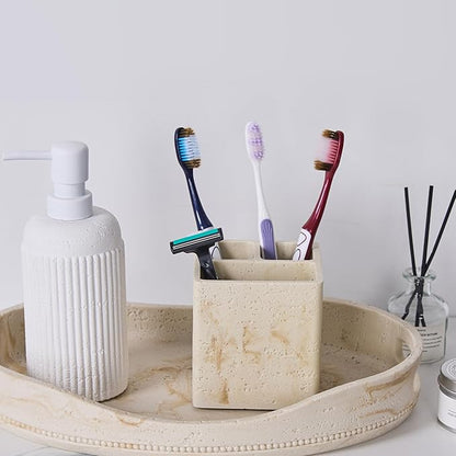 Natural Travertine Textures Toothbrush Holders for Bathroom, Electric Toothbrush and Toothpaste Holder 3 Slots Tooth Brush Organizer for Bathroom Countertop, Shower, Vanity