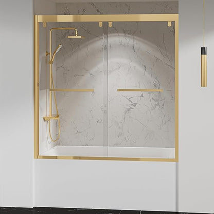 Bathtub Double Sliding Door 55-59 in,Semi-Frameless Double Sliding Tub Shower Door,Glass Shower Doors for Tub,with 5/16"(8mm) Clear Tempered Glass,Silent Soft-Close Design,Stainless Steel,Gold