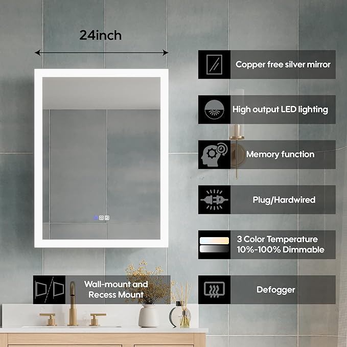 WELLFOR 24 x 32 Inch LED Medicine Cabinet with Lights, 3X Magnification Makeup Mirror, Bathroom Vanity Mirror Cabinet with Storage, Anti Fog, Surface or Recess Mount, Right Opening Door