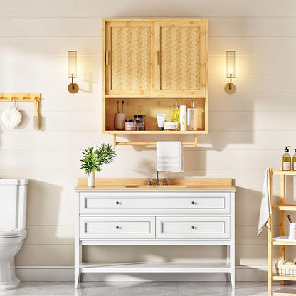 HOOBRO Bathroom Cabinet Wall Mounted, Bamboo Medicine Cabinet with Towels Bar & Adjustable Shelves, Over Toilet Cabinet, 23.6 x 7.9 x 28.5 Inches, for Bathroom, Laundry, Kitchen, Natural YL63CW01