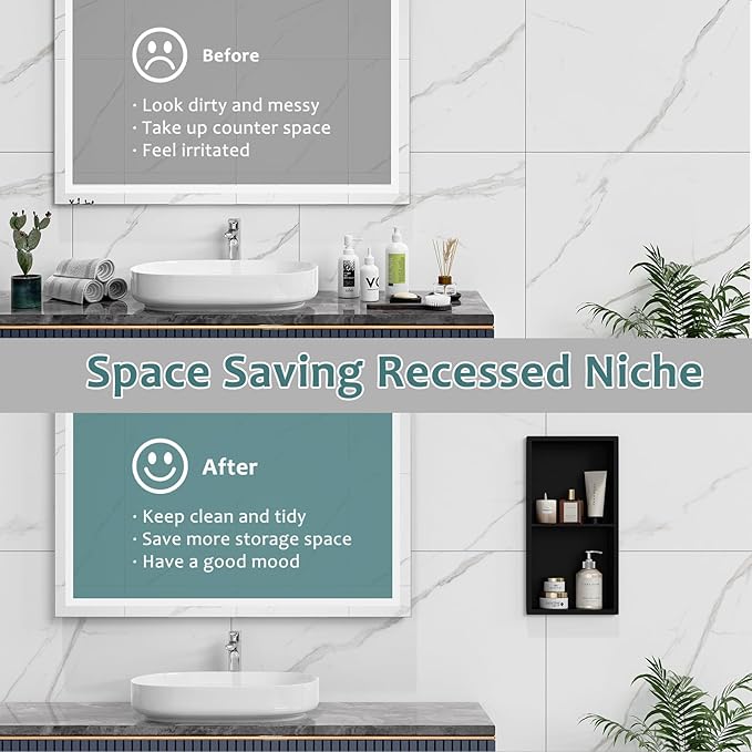 No Tile Needed Shower Niche, 24" X 12"(Outside Size 25.4"X13.4") Bathroom Niche for Shower Wall, Recessed Black Stainless Steel Wall Cabinet Insert for Bathroom