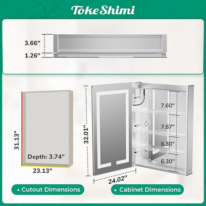 TokeShimi 24x32 Anti-Fog Led Medicine Cabinet Mirrored for Bathroom Surface or Recessed, Medicine Cabinet Mirror with Lights 3 Color Dimmable and Sockets, 2-Side Mirror with Storage UL-Listed Driver