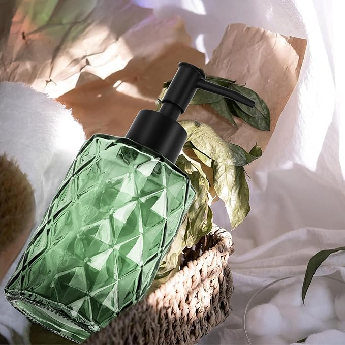 Clear Green Glass Soap Dispenser with Pump, 12oz Diamond Design Hand Soap Dispenser, Refillable Lotion Dispenser & Dish for Dishwashing Liquid, Shower Gel
