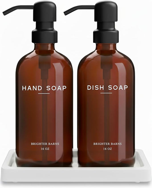 Amber Glass Hand and Dish Soap Dispenser Set by Brighter Barns - Kitchen Soap Dispenser Set with Tray for Kitchen, Airbnb, Vacation Rental or Restaurant - Modern Kitchen Decor & Accessories (Amber)