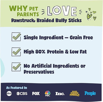 Pawstruck Natural 7” Braided Bully Sticks for Dogs, Tough Long-Lasting, Rawhide-Free, Low Odor, Healthy Single Ingredient Chew Treat for Aggressive Chewers, 10 Count, Packaging May Vary