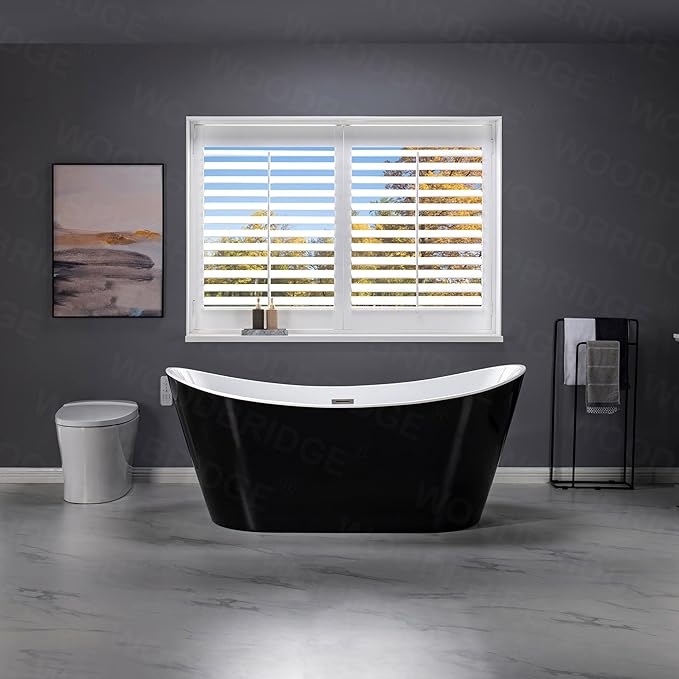 WOODBRIDGE 67" Acrylic Freestanding Bathtub Contemporary Soaking Tub with Brushed Nickel Overflow and Drain,Black,B1815-BN