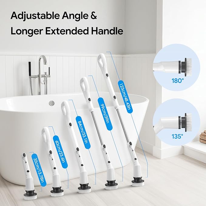 Electric Spin Scrubber, 2025 New Cordless Cleaning Brush, Shower Cleaning Brush with 7 Replaceable Brush Heads, Power Scrubber 3 Adjustable Speeds, Detachable Long Handle & IPX7 Waterproof