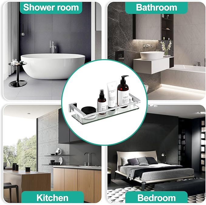 Glass Shelves for Wall, Chrome Stainless Steel & Tempered Glass Glass Shelf for Bathroom, Shelf Sink Over Toilet Bathroom Organizer (16-inch, Polished)