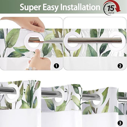 No Hook Shower Curtain and Liner Set, Sage Green Eucalyptus Floral Shower Curtains for Bathroom, Bath Curtain Sets with Snap in Liner, Waterproof with See Through Top Window, 71x84 Inches
