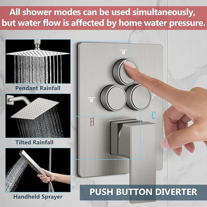 Aolemi Shower Faucet Set Ceiling Mount Shower System Rough-in Valve and Shower Trim Kit 16 and 6 Inch Dual Shower Head 2 in 1 Handheld Spray Push Button Diverter Brushed Nickel