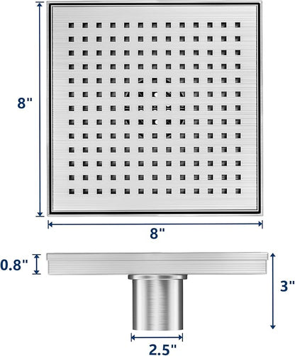 Neodrain 8-Inch Square Shower Drain with Removable Quadrato Pattern Grate, Brushed 304 Stainless Steel Square Drain with Stainless Hair Strainer,CUPC Certified.