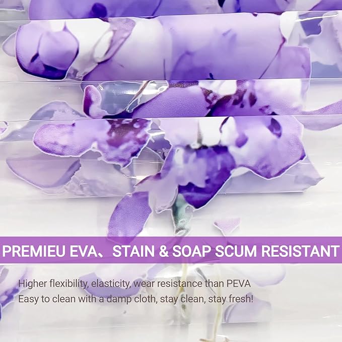 Clear Purple Floral Lavender Butterfly Shower Curtain, Plastic Transparent Cute Pretty Flower Decorative Aesthetic Shower Curtains for Bathroom, 72x72 Weighted Magnetic Shower Curtain Liner with Hooks