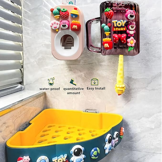Automatic Toothpaste Dispenser & Toothpaste Holders and Wall Mounted Cup 3 Piece in a Set, is Wall Mounted for Bathroom,Toothpaste Squeezer for Kids & Family Shower by Mr. Thumbs(Pink Set)