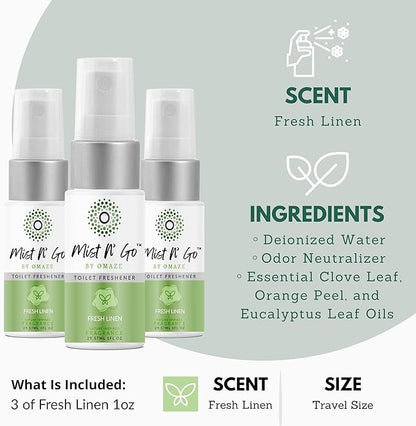 Mist N' Go by Omaze Travel Bathroom Spray - Toilet Odor Eliminator & Air Freshener - Fresh Linen (1oz x3)