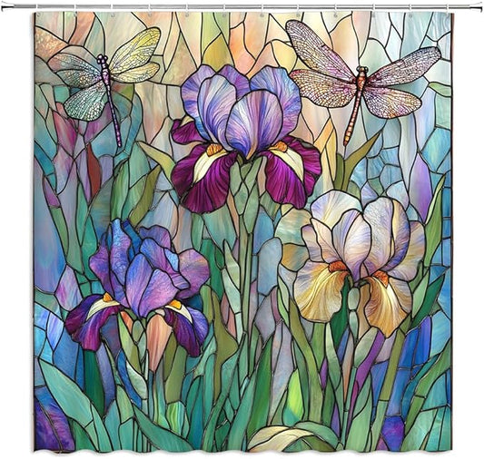 Stained Glass Shower Curtain Artistic Iris Dragonfly Purple Floral Green Leaves Abstract Nature Plant Spring Summer Modern Botanical Fabric Bathroom Decor Curtains with Hooks,70 x 82