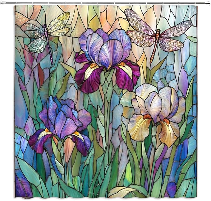 Stained Glass Shower Curtain Artistic Iris Dragonfly Purple Floral Green Leaves Abstract Nature Plant Spring Summer Modern Botanical Fabric Bathroom Decor Curtains with Hooks,70 x 75
