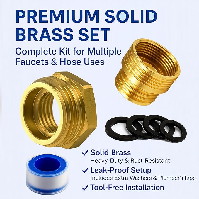 Shower Hose Adapter and Faucet Adapter Kit, Brass G1/2" Female, 55/64"-27 Female, and 15/16"-27 Male to 3/4" GHT Male Garden Hose Connector, with Washer and PTFE Tape