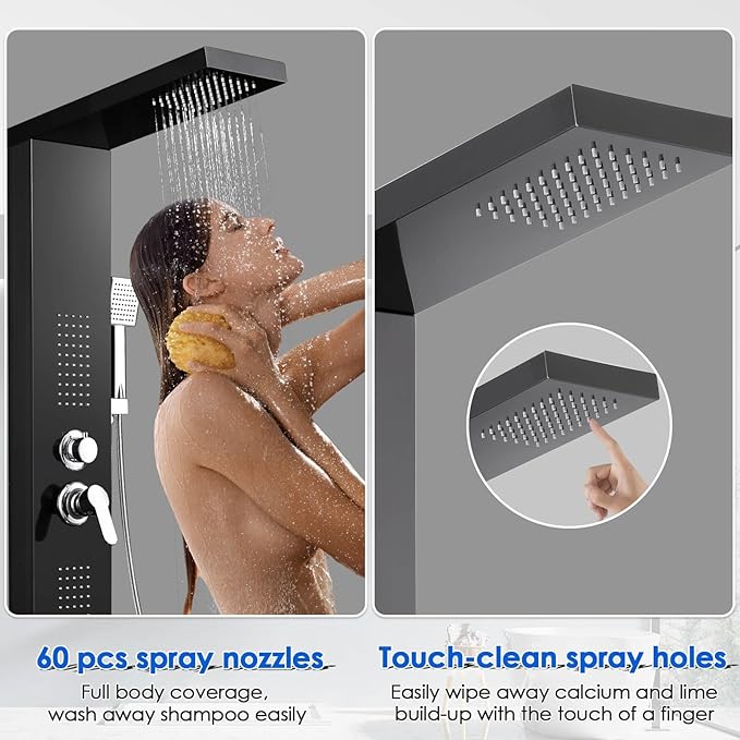 ROVOGO Shower Panel Tower System with Rainfall Shower, Body Jets, Handheld and Tub Spout, High Pressure Shower Column Stainless Steel, 46.5 in. Black