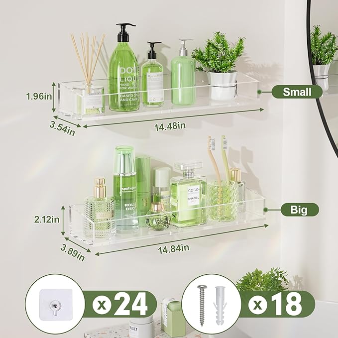 6PCS Acrylic Floating Shelves for Wall, 15" Clear Acrylic Shelves, Bathroom Shelf with Two Types of Installation, Space Saving Hanging Wall Shelf for Bathroom, Living Room, Bedroom, Kitchen