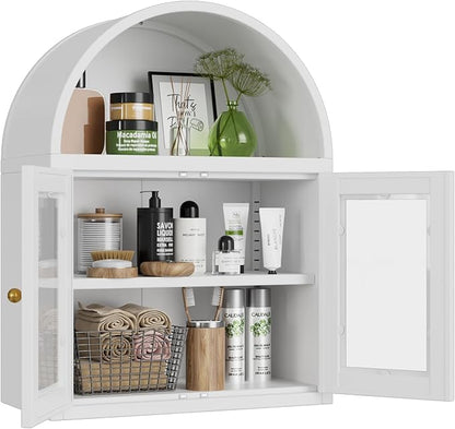 Metal Arched Wall Cabinet,Bathroom Wall Mounted Cupboard,Modern Arched Storage Cabinet with Glass Door and Adjustable Shelf,Space Saver Wall Cabinet,Requires Assembly(White)