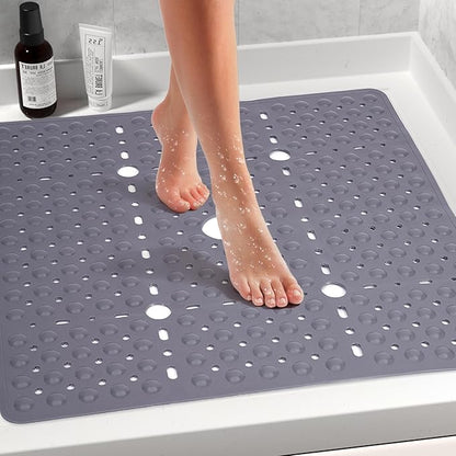 Large Gray Square Shower Mat Non Slip 27 x 27 Inch, Soft Bath Mat Bathtub Mat for Inside Shower Floor, Anti Slip Shower Stall Mats with Big Suction Cups Drain Holes, Easy Washable, BPA-Free