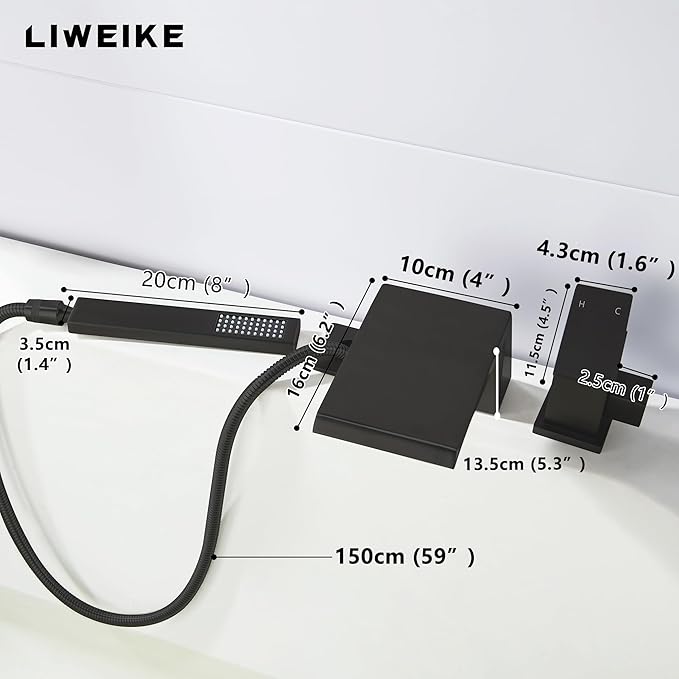 LIWEIKE Black Roman Tub Faucet with Sprayer, Deck Mount Roman Bathtub Faucet Set with Hand Shower for 3 Holes Single Handle Waterfall Tub Filler, Matte Black