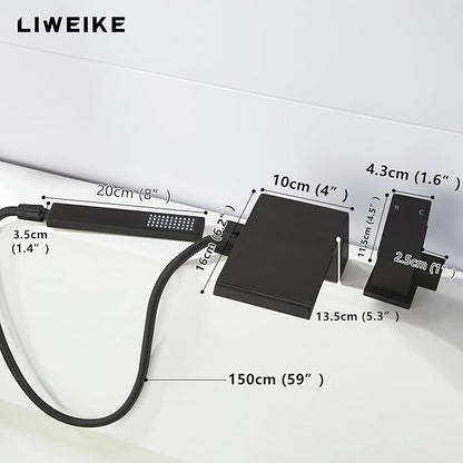 LIWEIKE Black Roman Tub Faucet with Sprayer, Deck Mount Roman Bathtub Faucet Set with Hand Shower for 3 Holes Single Handle Waterfall Tub Filler, Matte Black